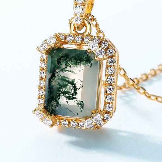 S925 Silver Pendant with Green Moss Stone