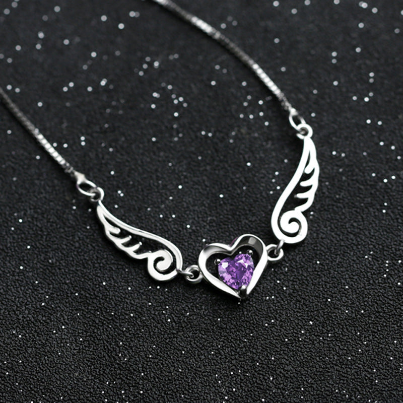 Pure Silver 925 Angel Wings Necklace with Romantic Purple Crystal Heart for Women