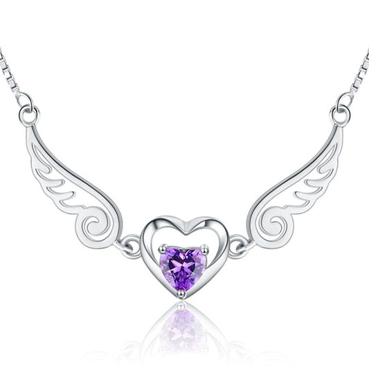 Pure Silver 925 Angel Wings Necklace with Romantic Purple Crystal Heart for Women